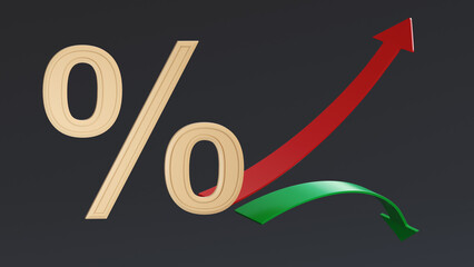 Percent sign is in front of two arrows, a red one pointing up and a green one pointing down, on a dark background. 3D rendering. Finance concept