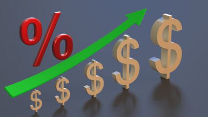 Bright red percent sign, rising dollar symbols and a green up arrow on a gray background. 3D rendering. Finance concept