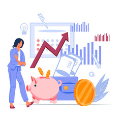 Data analyst or financial analyst female character standing at diagrams and charts background, flat vector illustration isolated on white. Data and statistical market research.