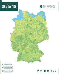 Germany - map with shaded relief, land cover, rivers, lakes, mountains. Biome map.
