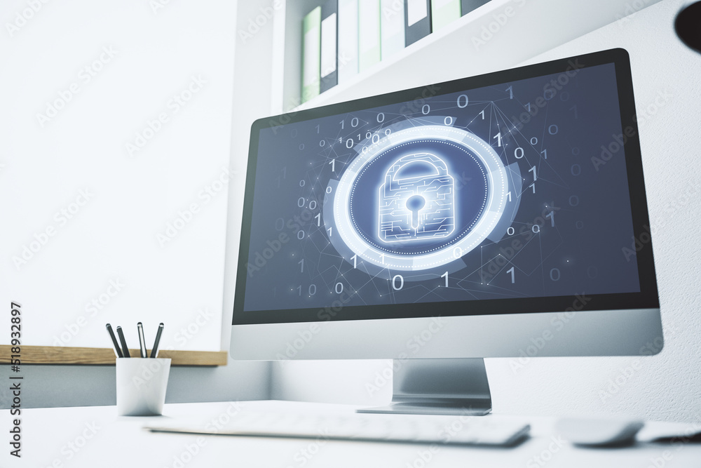 Poster Creative lock sketch with chip hologram on modern computer monitor, protection of personal data concept. 3D Rendering