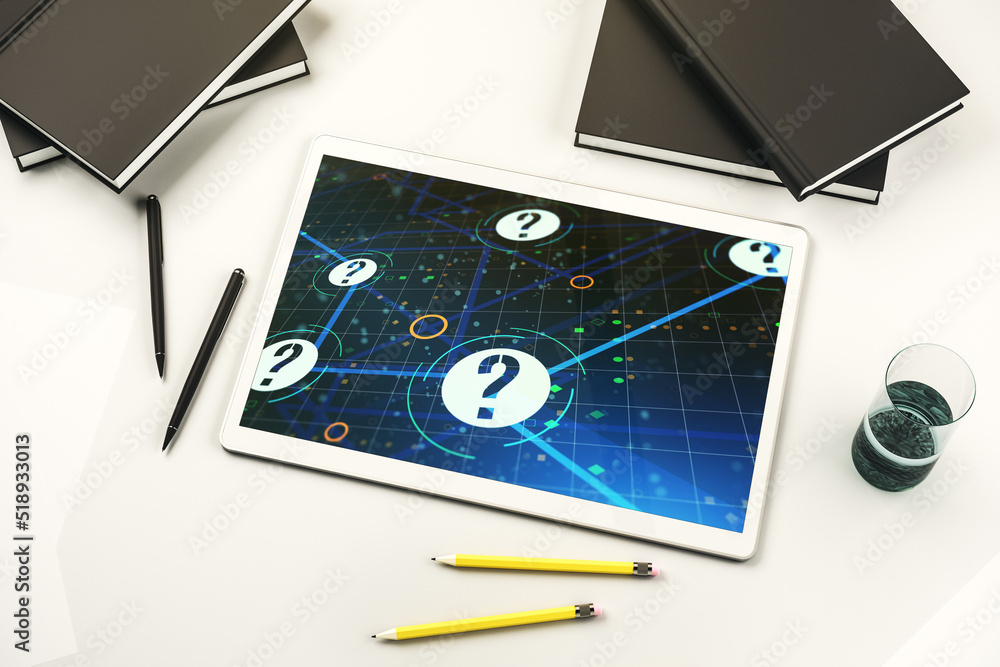 Aufkleber top view of modern digital tablet monitor with question mark hologram. sociology and psychology conc