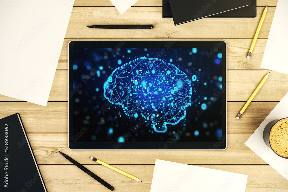 Fototapete top view of modern digital tablet monitor with creative artificial intelligence symbol. neural netwo
