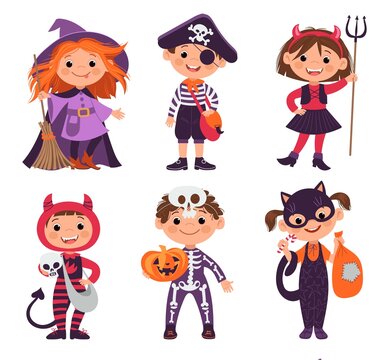 Trick or treating kids. Children characters in Halloween costumes. Funny monster carnival outfits. Smiling boys or girls in festive cosplay clothes. Horror party. Vector little people set