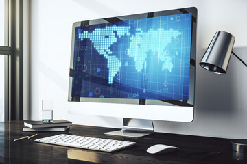 Modern computer monitor with abstract digital world map, research and strategy concept. 3D Rendering