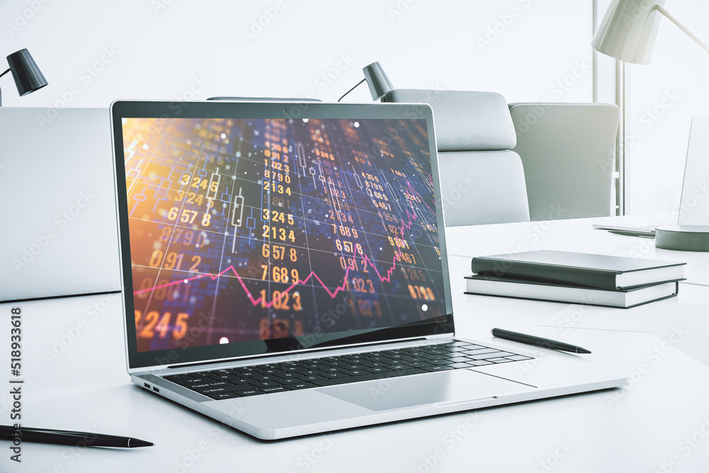 Poster abstract creative stats data concept on modern laptop screen. 3d rendering