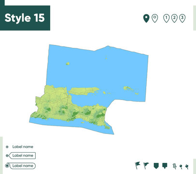 East Java, Indonesia - map with shaded relief, land cover, rivers, lakes, mountains. Biome map.