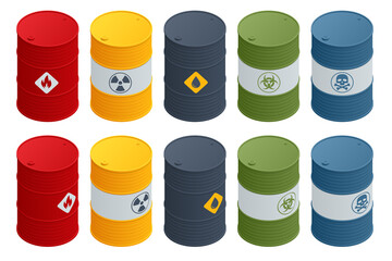 Isometric Barrels with flammable substances, Biohazard waste, Radioactive waste, Toxic waste.