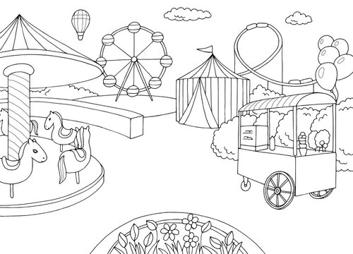 Amusement park landscape graphic black white sketch illustration vector 