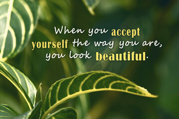 Motivational quote with fresh green nature and blurred leaf background.