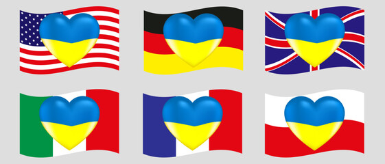 Vector drawing volume heart in the colors of the Ukrainian flag with highlights on background flags countries Europe and USA