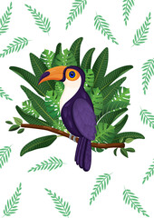 Vector illustration of exotic bird toucan for postcard, poster.