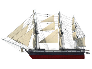 Pirate sailing ship 3D rendering on white background