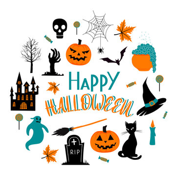 Set of traditional Helloween symbols and Halloween horror attributes with black cat, broom, bats, hat, spider web, pumpkins, castle, zombie hand, ghost, candles, grave, leaves and candy. Flat vector,