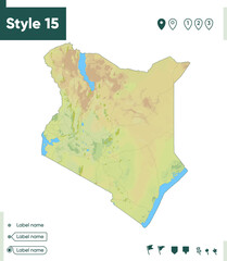 Kenya - map with shaded relief, land cover, rivers, lakes, mountains. Biome map.