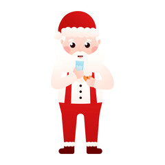 Santa Claus character and Christmas cookies and milk in cartoon style on white background, clip art for poster design