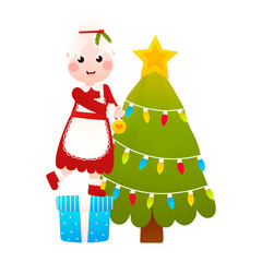 Mrs Santa Claus character decorating christmas tree and gift boxes in cartoon style on white background