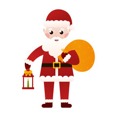 Santa Claus character holding lantern wit candle and bag with gift boxes in cartoon style on white background