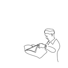 Half side of A lose one’s hair man reading the newspaper in continue line style. Side view of one glabrous man reading map in single line. Minimalist black linear sketch vector isolated characters.