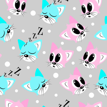 Seamless pattern of blue and pink cats