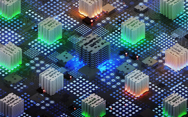 3D rendering illustration Abstract tech background. Computer chip - obrazy, fototapety, plakaty