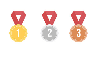 Set of badges with gold, silver, bronze ribbons. Vector illustration