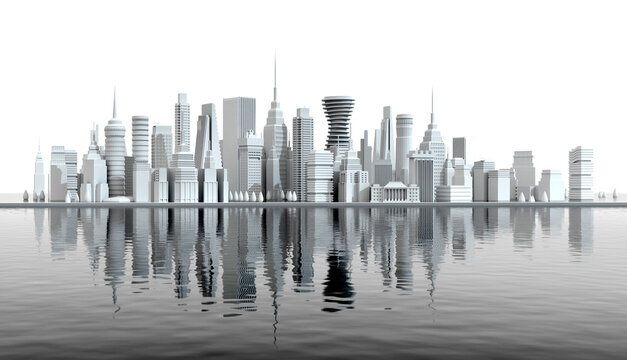 3D rendering illustration Beautiful modern city with lots of skyscrapers on the river. Modern business centre, downtown with reflection in water.