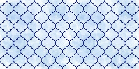 Fototapeta premium Moroccan Seamless Pattern. Turkish Mosque Window Shape. Arabic Mosaic Watercolor Ornament Background. Eid Mubarak Muslim Decoration. Ramadan Kareem Islamic Illustration