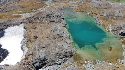 Mountain glacier lake. Picturesque hidden location in the mountains. Outdoors style vacation. Adventure travel in the wildlife, no people. Mountain valley landscape aerial view stock photo