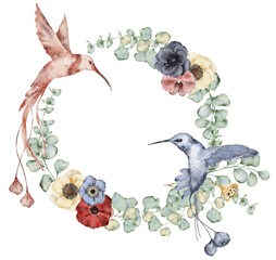 Watercolor wreath with hummingbird, flowers, eucalyptus and monstera leaves. Hand drawn illustration