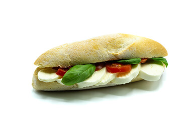 Mozzarella tomato basil baguette isolated on white background