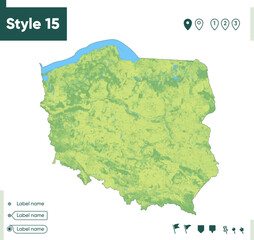 Poland - map with shaded relief, land cover, rivers, lakes, mountains. Biome map.