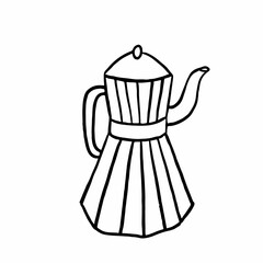 Coffee maker or moka pot, espresso machine, mocha express in doodle style. Hand drawn vector illustration isolated on white background.