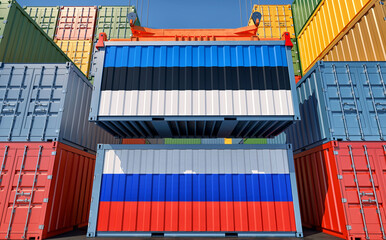 Cargo containers with Estonia and Russia national flags. 3D Rendering