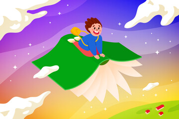 Cartoon cute boy sits on a flying book in the sky