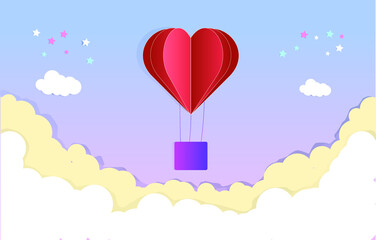 ballon heart in sky big red heart on colorful background paper cut style illustration 