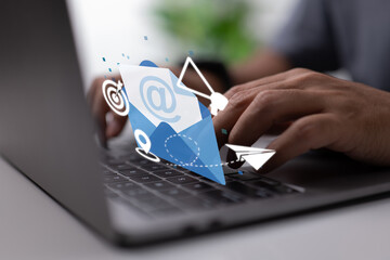 oncept of email marketing. advertisement media, consumer targeting, messaging, invitations, message...