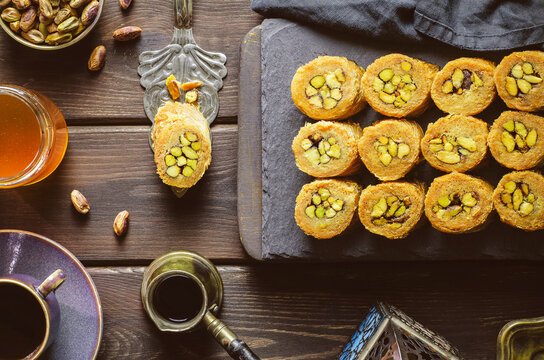 Arabic cuisine; Middle Eastern traditional pastries and Ramadan famous dessert "Kunafa" with roasted pistachio. 