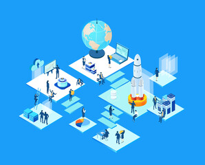 Rocket launch, new start up.  Isometric 3D business environment. Business management. Isometric office space, server room with business people. Technology, success, internet, data protection, support