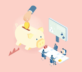 Isometric 3D business concept environment, Business people work in bank, next to big golden pig. Saving, investment strategy, earning concept