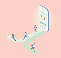 Isometric 3D business environment with business people running towards the success.