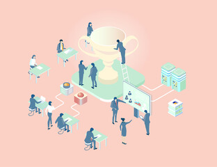 Isometric 3D business environment with business people working around golden trophy. Work together as team,  success, reading data, searching, personal security infographic illustration.
