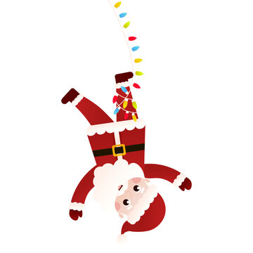 Santa Claus character tangled up in a garland and hanging upside down with string of lights in cartoon style