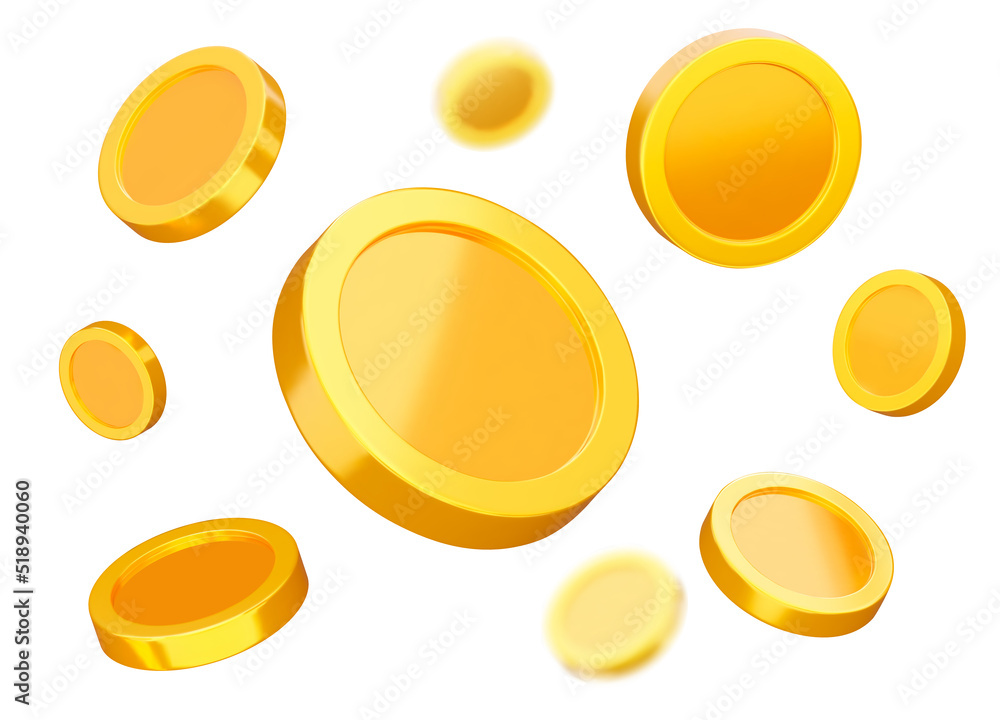 Aufkleber flying coins 3d set. enrichment. bright explosion gold coins of different direction and distance. sh