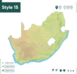 South Africa - map with shaded relief, land cover, rivers, lakes, mountains. Biome map.