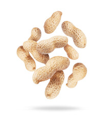 Dried peanuts close-up in the air on a white background