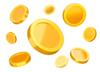 Flying coins 3d set. Enrichment. Bright explosion gold coins of different direction and distance. Shiny yellow coin. Isolated objects on a transparent background