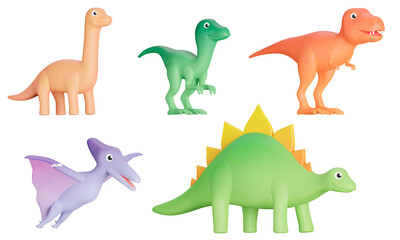 Dinosaurs 3d set. Prehistoric Jurassic lizards. Cute cartoon reptiles, Brontosaurus, Velociraptor, Tyrannosaurus, Pterodactyl and Stegosaurus. Isolated objects on a transparent background