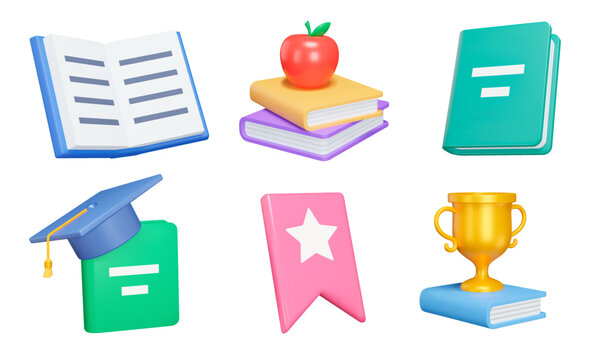 Book 3d icon set. A stack of books. Reading literature and learning from books. Isolated icons, objects on a transparent background