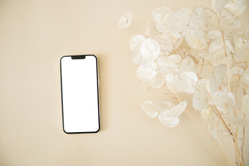 Top view mobile mockup with lunaria leaves on beige background
